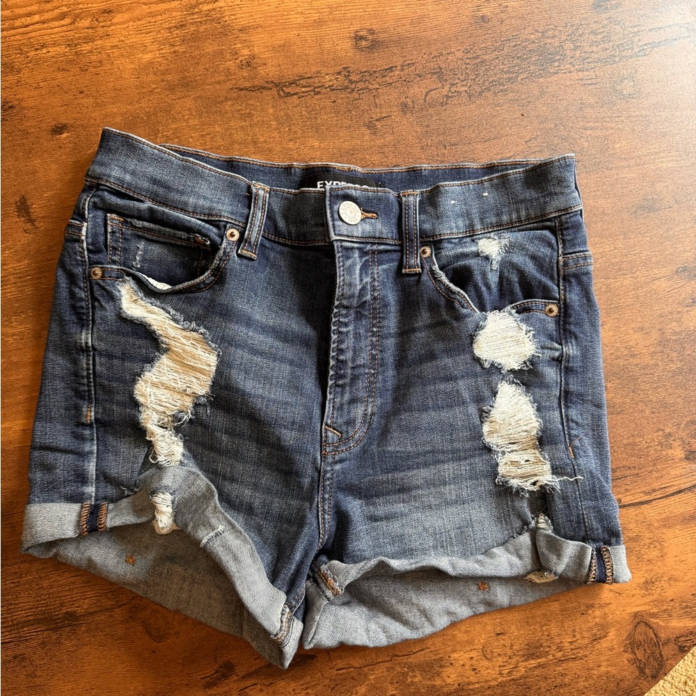 Express Shortie High Rise Distressed Denim Shorts